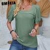 Женская мода, повседневная летняя весенняя однотонная свободная футболка с короткими рукавами и круглым вырезом с пышными рукавами, блузки и рубашки