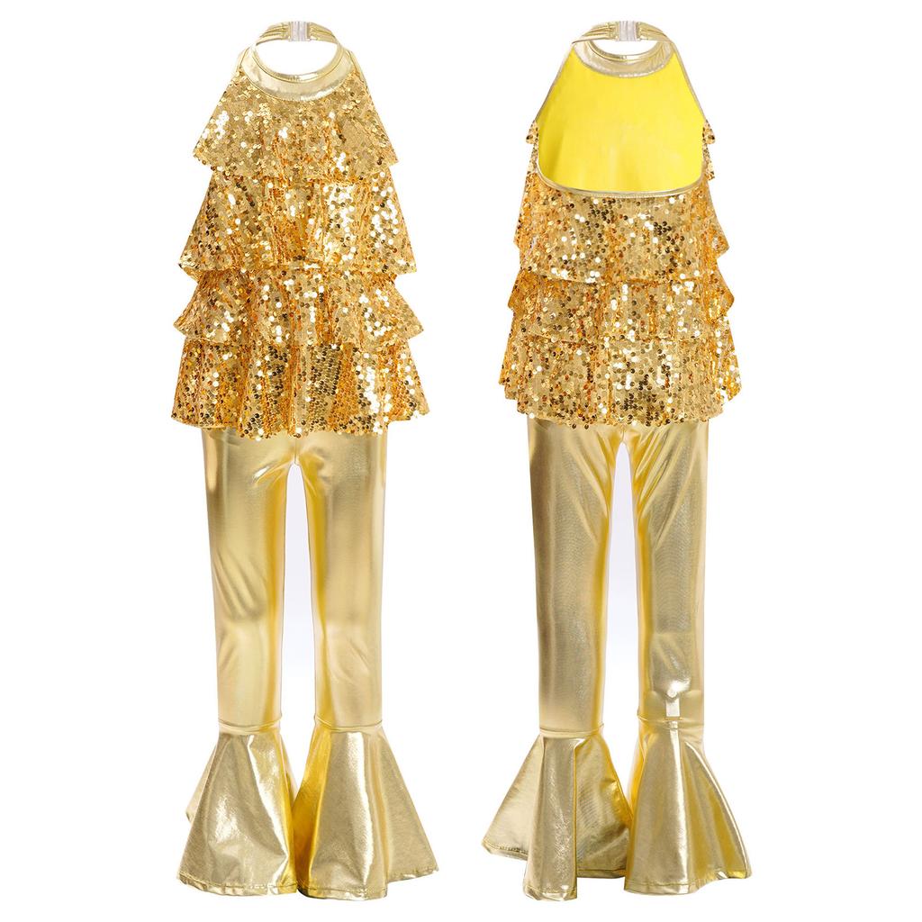 Блестящий леотард с пайетками для девочек, для джазовых танцев, халтер, без спины, с оборкой по подолу, брюки клеш, костюм для выступлений