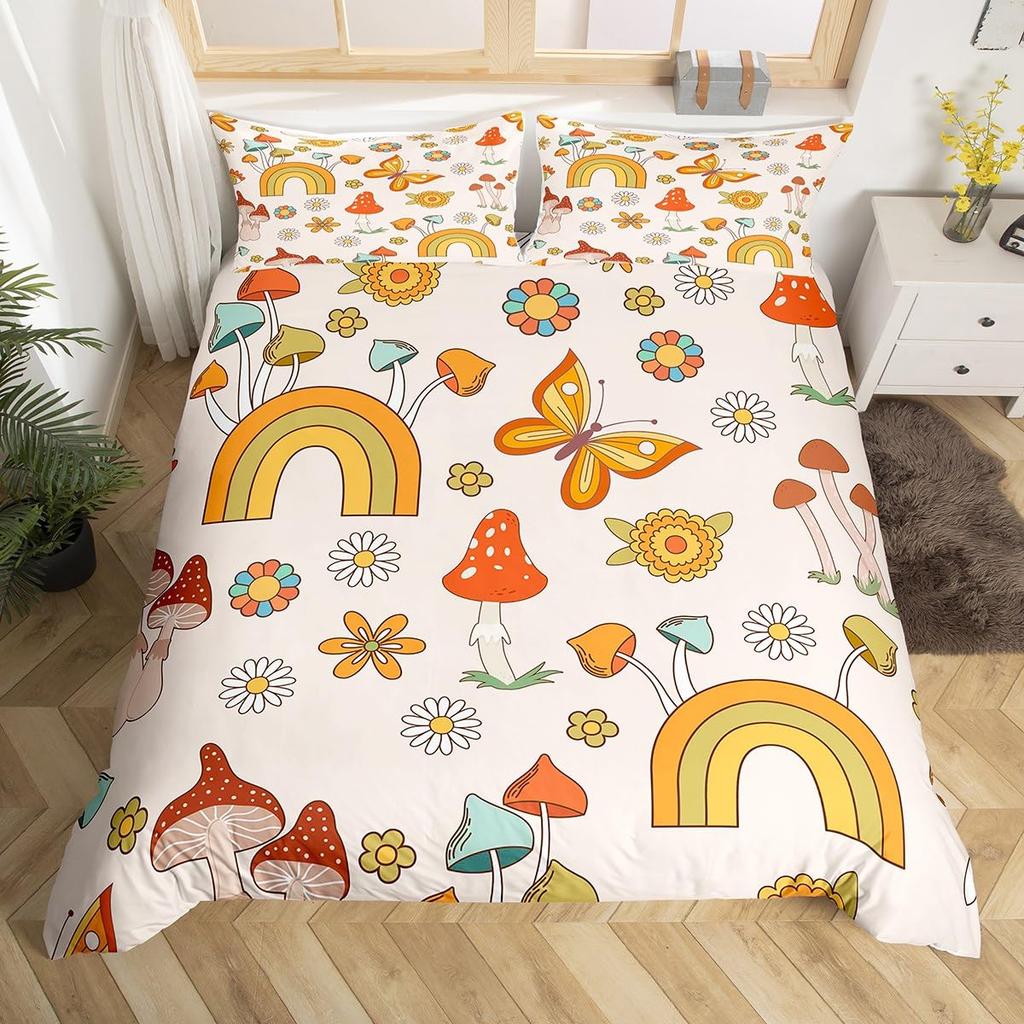 Retro 60S 70S Groovy Flower Duvet Cover,Colorful Hippie Floral Bedding Set Queen,Cartoon Rainbow Mushroom Daisy Comforter Cover