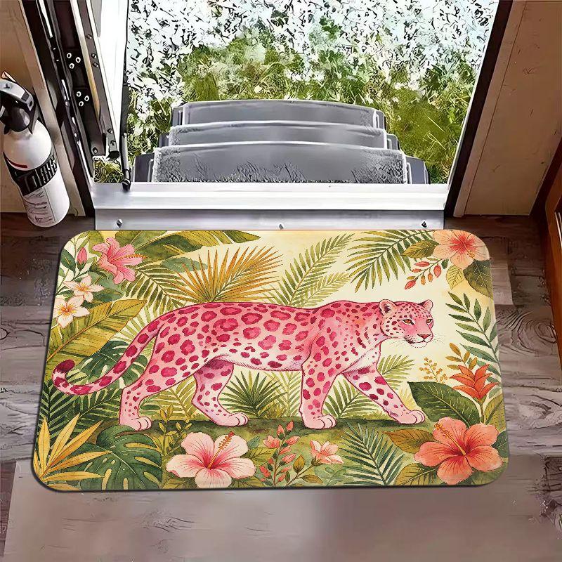 Printed Anti Slip Doormat Pebble Home Pink Leopard Tropical Plant Cute Pet Welcome Floor Rug for Household Indoor Entry Mat