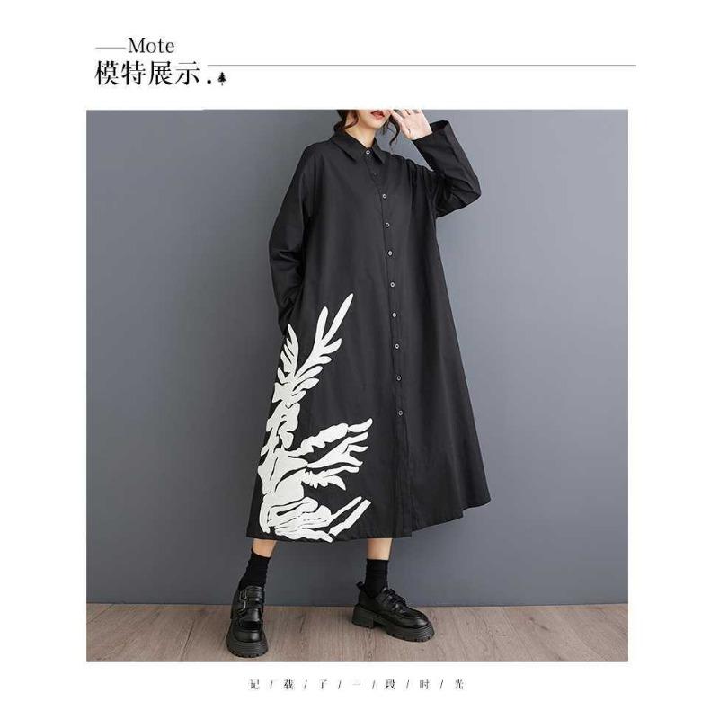 Loose Large Size Splicing Casual Simple Printed Sweet Long Sleeve Shirt Dresses