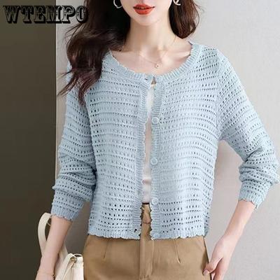 Женский модный вязаный кардиган свитер женский весенне-осенний ажурный круглый вырез вязаный свитер