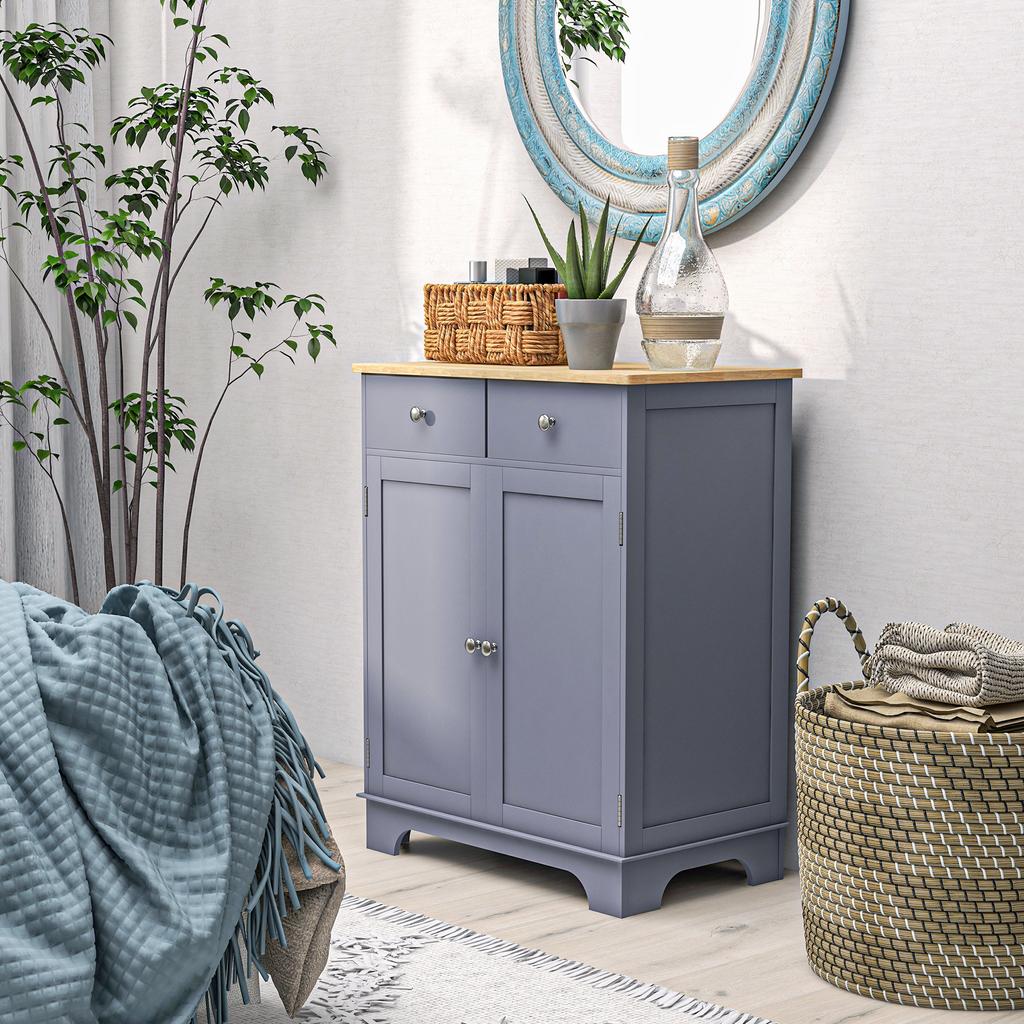 Side Storage Multi-use Sideboard Table Kitchen Floor Cabinet with Solid Wood Top, Adjustable Shelf, Drawer, Grey