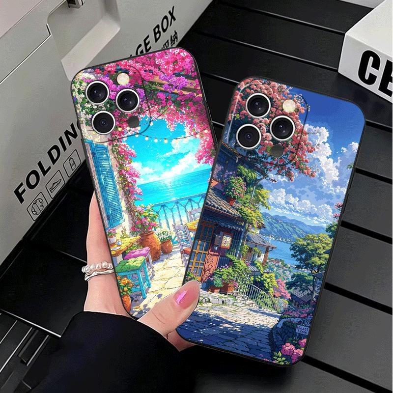 Эстетичный Аниме Пейзаж Мягкий Чехол для Телефона для iPhone 16 16E 17 Air 15 Pro Max 14 Plus 13 Mini 11 12 7 Черная Задняя Крышка