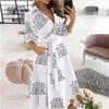 Women's Spring and Summer Fashion Long-sleeved V-neck Printed Hip Dresses