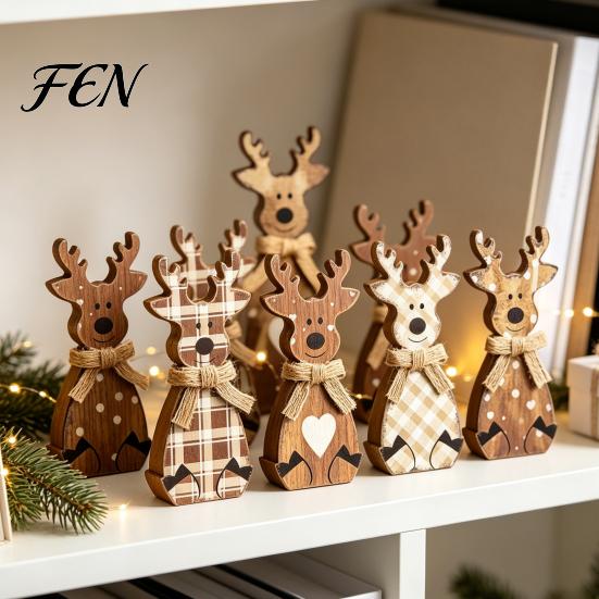 Indoor Christmas Table Centerpieces Wooden Tabletop Decor, Rustic Reindeer Animal Figurines, Farmhouse Style Plaid Fabric Bow Holiday Displays Tiered