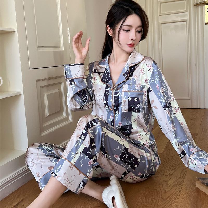 1111 new high-end ice silk pajamas women's double long two-piece set national style printed cardigan loungewear can be worn outside