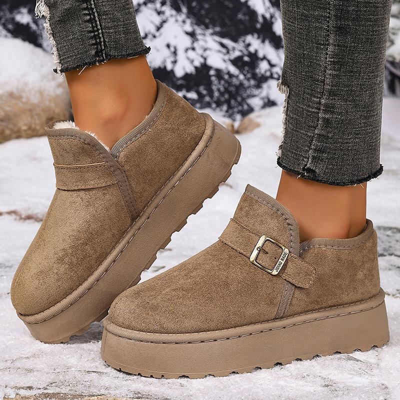Модные зимние ботильоны на толстой подошве с пряжкой, женские 2025, из искусственной замши на платформе, женские зимние ботинки, слипоны, короткие плюшевые хлопковые туфли