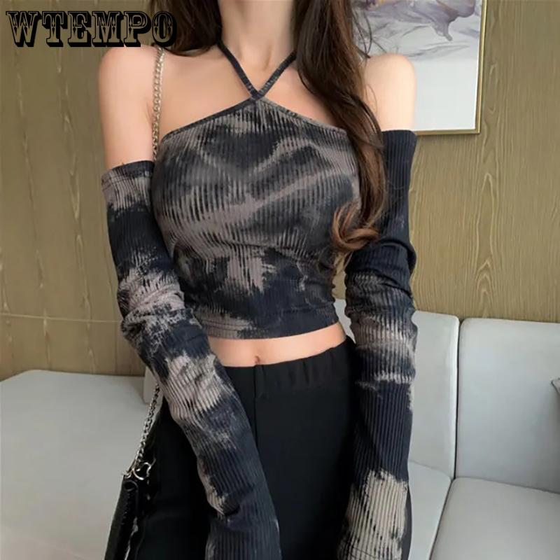 WTEMPO Spring Summer Black Tie Dyed Long Sleeve T-Shirts Women Casual Slim Off Shoulder Halter Short V-Neck Tops