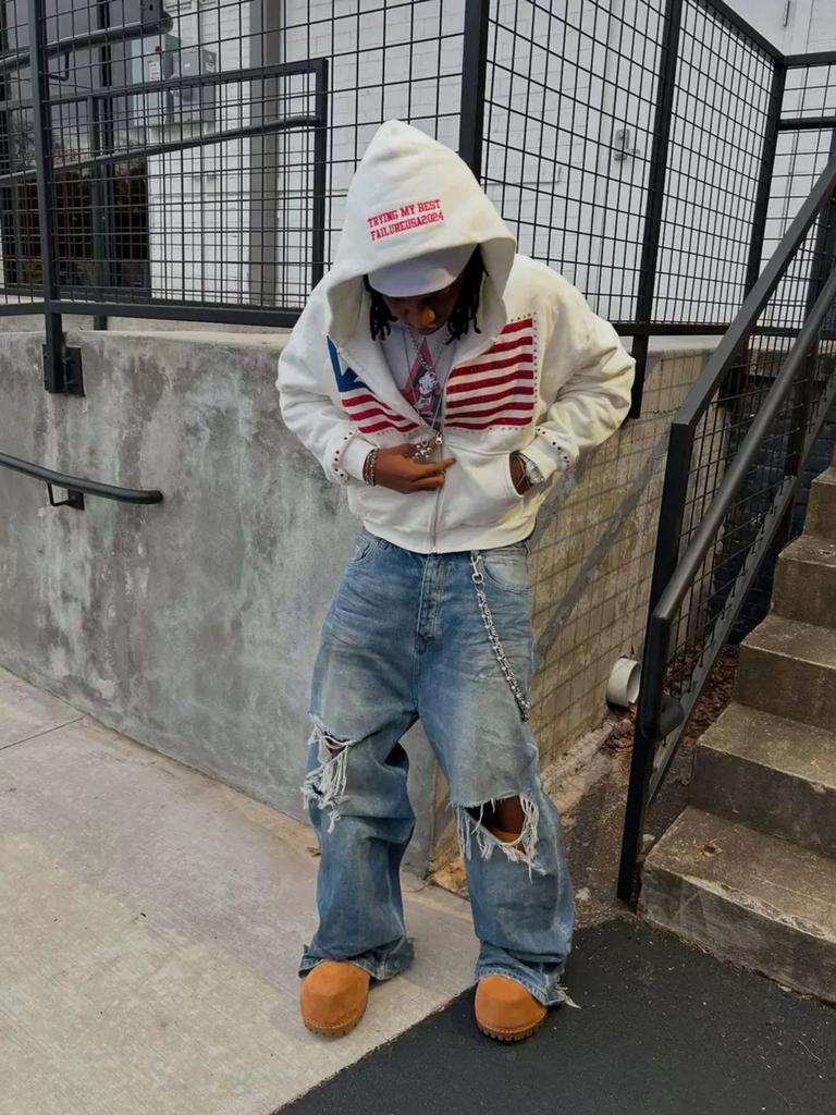 Американская мода уличная одежда готический флаг стразы вышитая молния толстовка с капюшоном Y2k сращивание большой свободный хлопковый свитшот