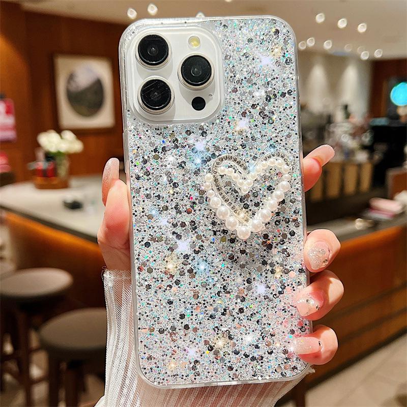 Роскошный блестящий силиконовый чехол для iPhone 15 Pro Max, 12, 11 - двухслойный дизайн Pearl Love, защита от падений