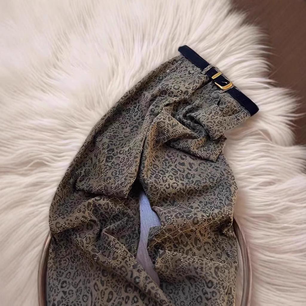 Leopard Print High Waist Slim Jeans for Women's Street Wear 2025 Spring and Autumn Vintage Casual Straight Pants