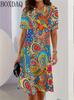 Fashionable and Elegant Summer Women's Round Neck Short Sleeved Flower Printed Loose A-Line Dress