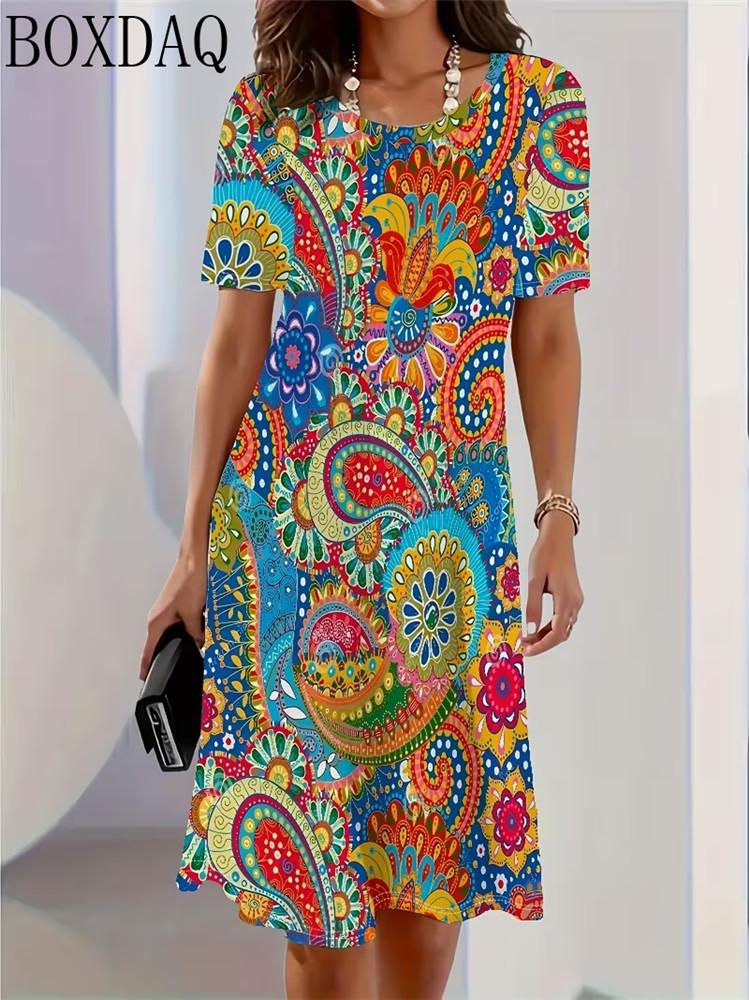 Fashionable and Elegant Summer Women's Round Neck Short Sleeved Flower Printed Loose A-Line Dress