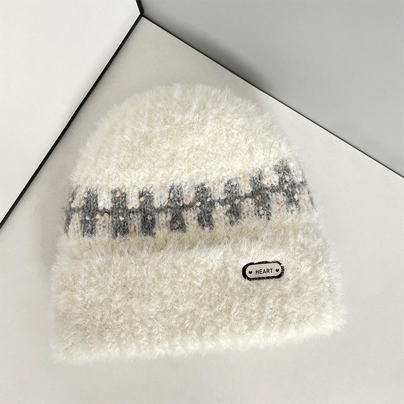 Plush Striped Knitted Hat for Women In Autumn and Winter New Korean Style Versatile Plus Velvet Thickened Warm Ear Protection Hat
