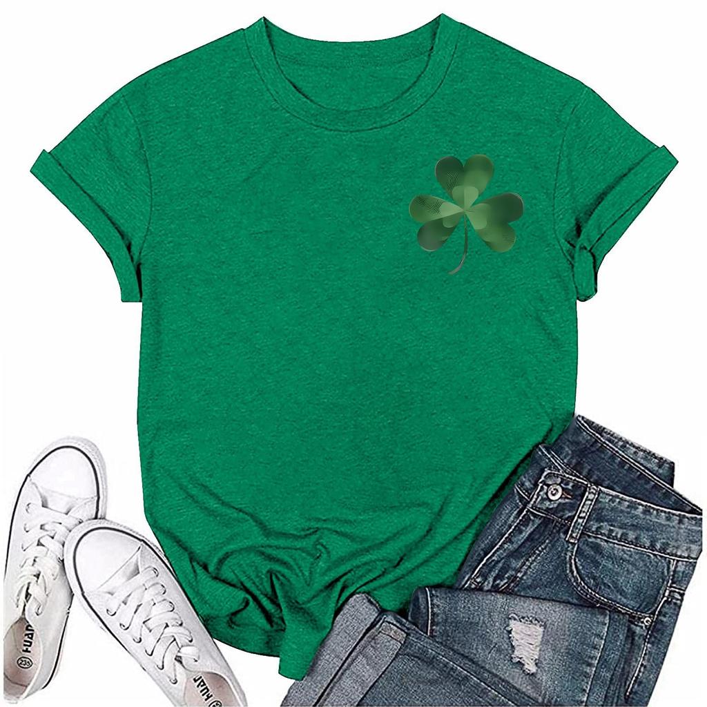 St. Patrick's Adult Green Crew-neck Short-sleeved Printed Green Three-leaf T-shirt