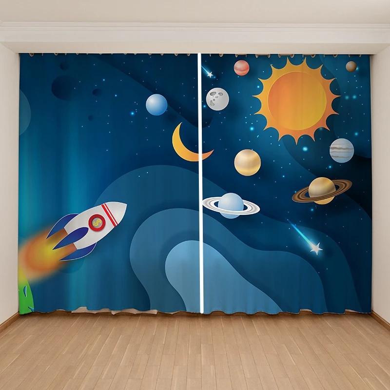 Мультяшные Милые Космические Астронавты Планеты Шторы Детская Спальня для Мальчиков Девочек Окно 2 Панели Высокое Затемнение Новый Модный Узор