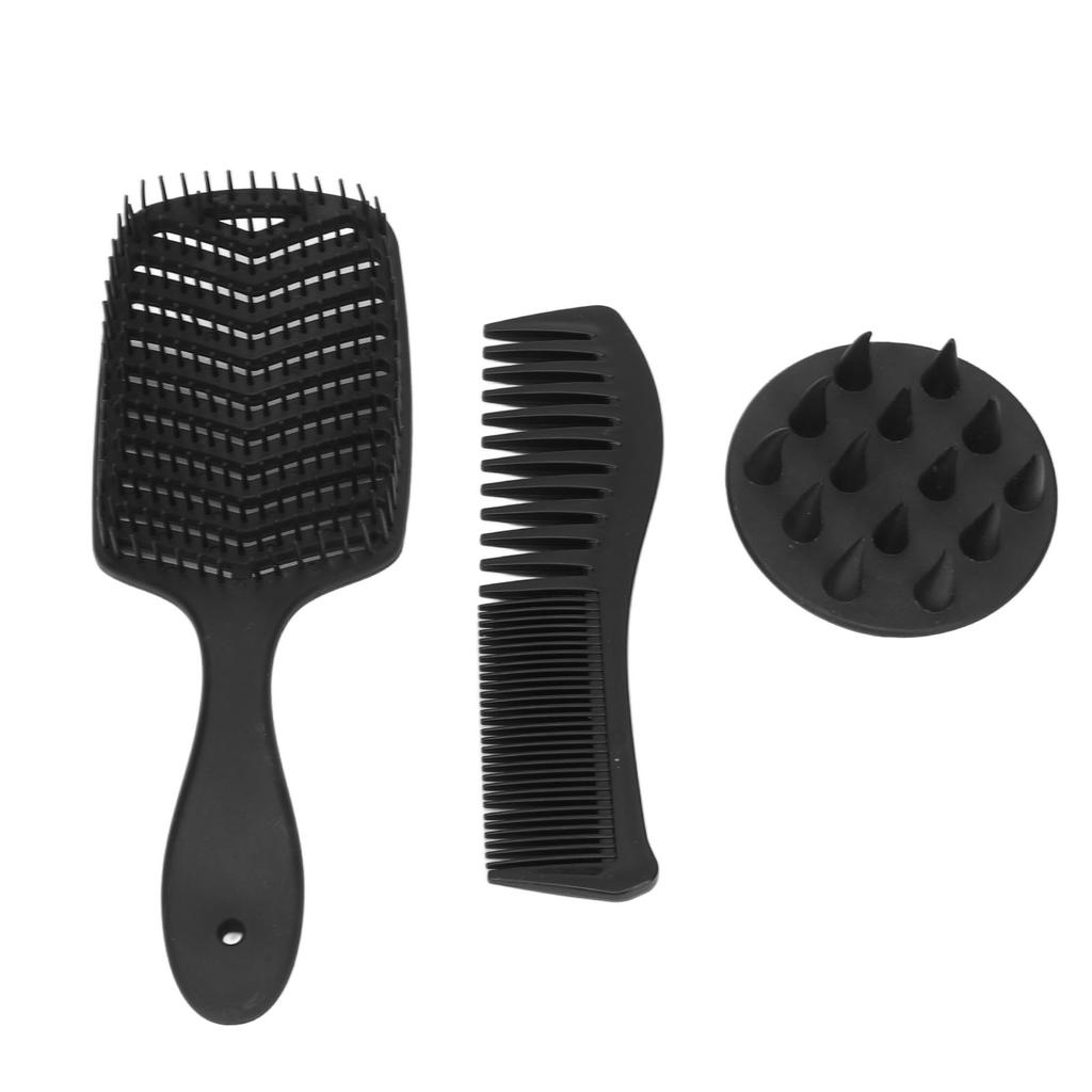 3pcs Hair Comb Set Easy Detangling Hollow Out Comb Wide Teeth Comb Hair Washing Brush Black