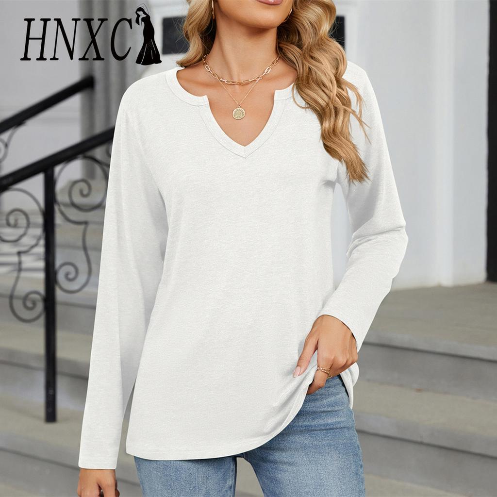 HNXC Женская мода Повседневная осень-зима Однотонные принты Длинные рукава V-образный вырез Блузки и рубашки