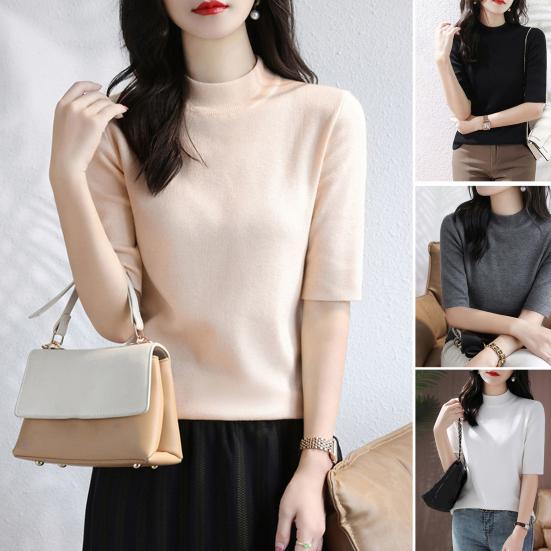 Women Sweater Half High Collar Half Sleeve Knitting Tops Solid Color Slim Fit Sweater Tops Commuting Street Wear