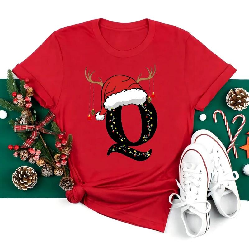 Новая футболка с рождественским алфавитом 26 A~Z, женская повседневная модная футболка с коротким рукавом, эстетика рождественской вечеринки, красные футболки, топы