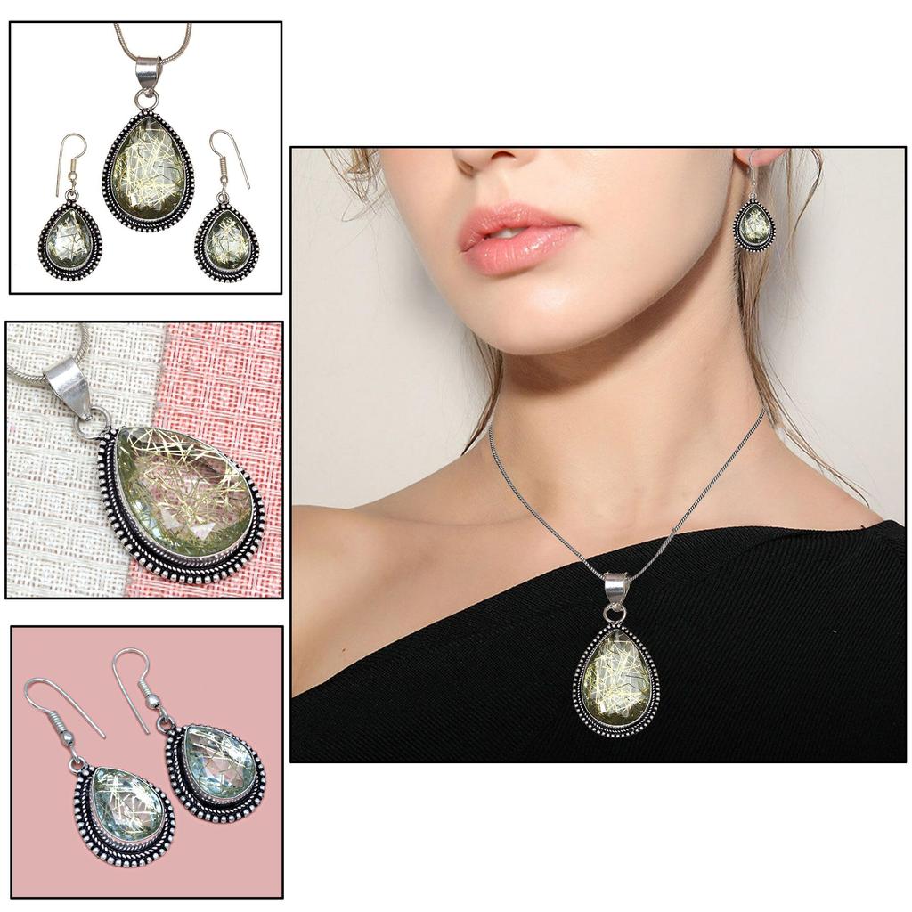 Rutile Golden Set Earring Jewelry 18-20'' Pendant Quartz Sterling