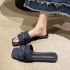 2025 Summer New Square Head Open-toe Fashion Metal Lock with Flat Bottom Outer Wear Versatile Low-heeled Cool Slippers Women