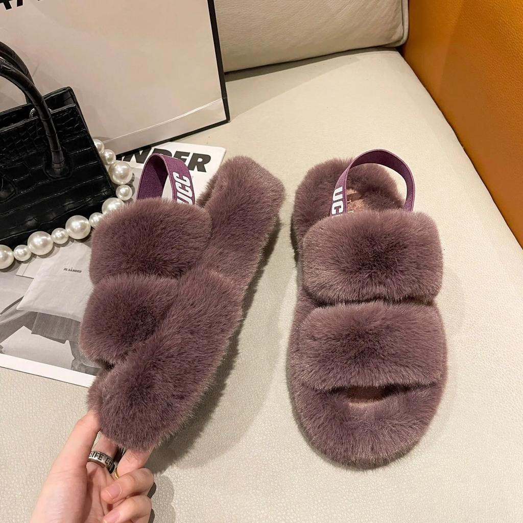 Модные плюшевые тапочки с толстой подошвой 2024 года, женские модные однотонные тапочки с открытым носком, мягкие нескользящие тапочки для дома, сохраняющие тепло