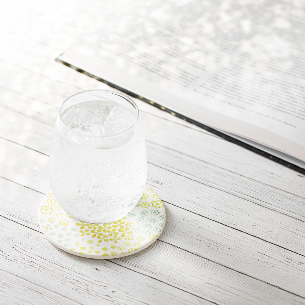&NE Stained Flower Absorbent Ceramic Coaster, Yellow, NRS-361-YE, Made in Japan