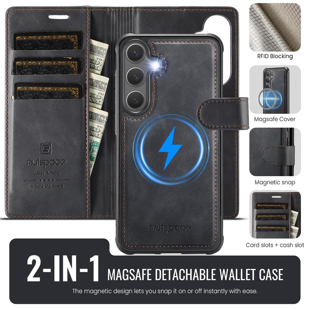 2-in-1 Magnetic Detachable Wallet Case for Samsung Galaxy S25/S25 Plus/S25 Ultra/S25 Edge - PU Leather, Card Slots, Wireless Charging, 360° Protection