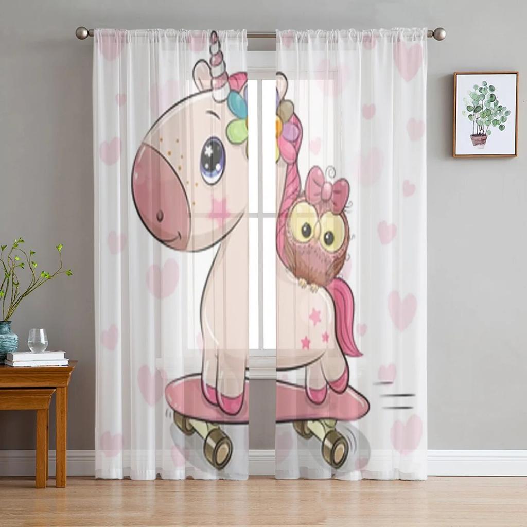 Милый мультяшный единорог с цветами, прозрачные шторы для гостиной, детская спальня, тюлевые шторы, кухонные шторы для окон