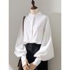 Spring New Style Lantern Sleeve White Shirt Women Long-sleeved Grinding Top Korean Style Loose Stand Collar Puff Sleeve Cardigan