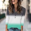 Women's Fashion Casual Retro Gradient Print V-neck Seven-quarter Sleeve Button Up T-shirt Top