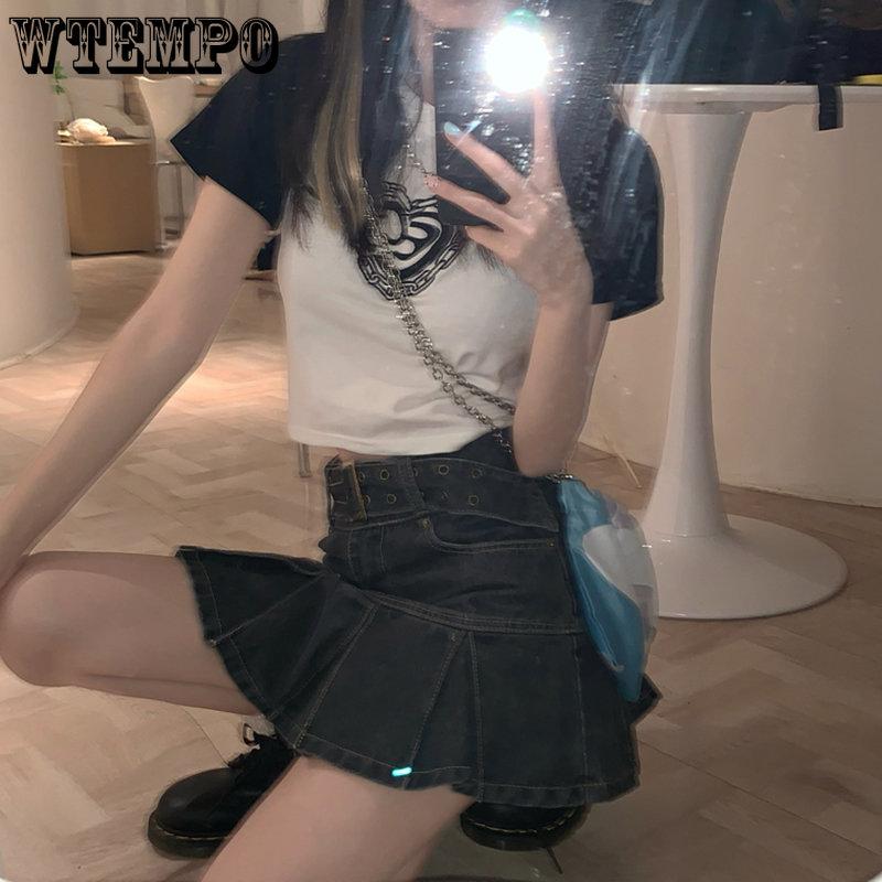 WTEMPO Kawaii Hot Girl Джинсовая юбка Женская плиссированная юбка Y2K Повседневная студенческая стильная тонкая мини-юбка с высокой талией в готическом стиле