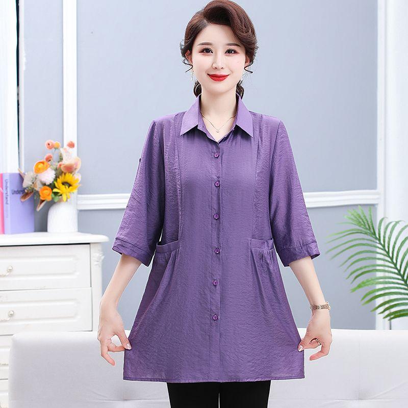 Повседневная однотонная рубашка миди для поездок на работу, однобортная, модная, с отложным воротником, летняя, рукав 3/4, женская одежда, карманы, блузка
