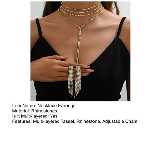 2 Pcs/Set Women Necklace Earrings Set for Formal Banquet And Prom Multi-layered Tassel Rhinestone Adjustable Chain Wedding Bride