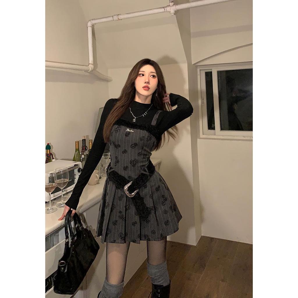 Spring Women's Y2K Vintage Spaghetti Strap Dress 2 Piece Set Black Gothic Dresses Sundress With Half High Collar Tops