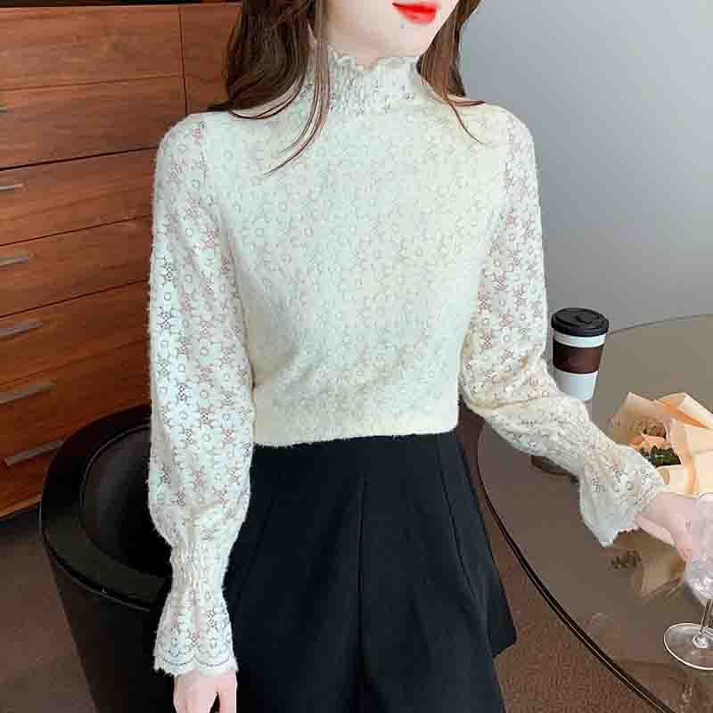 Осень-зима, новинка 2024 года, водолазка с длинным рукавом, тонкая абрикосовая бархатная кружевная блузка, рубашка, женские топы, блузки, рубашки J762