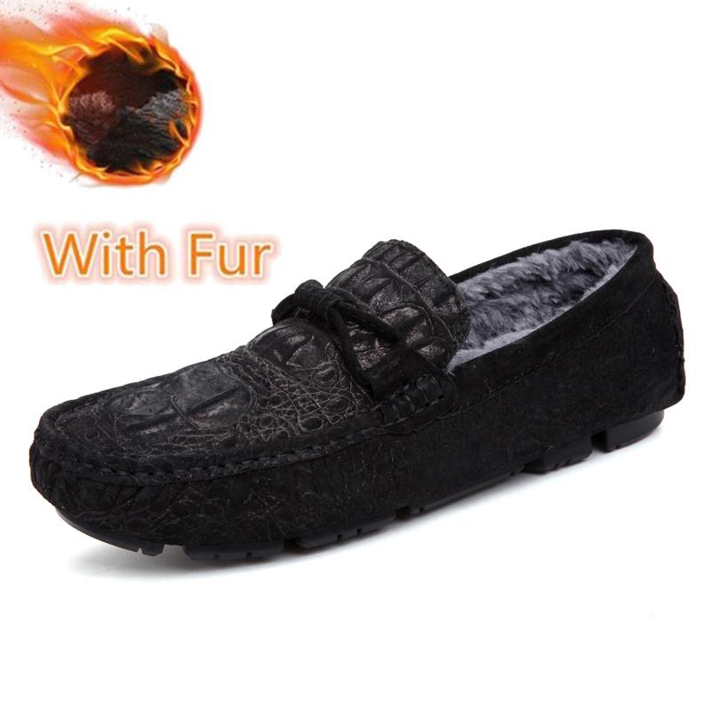 Лоферы с крокодиловым узором, мужские модные туфли без застежек, новые удобные мужские туфли на плоской подошве из натуральной кожи, повседневная мужская обувь, теплые зимние мокасины