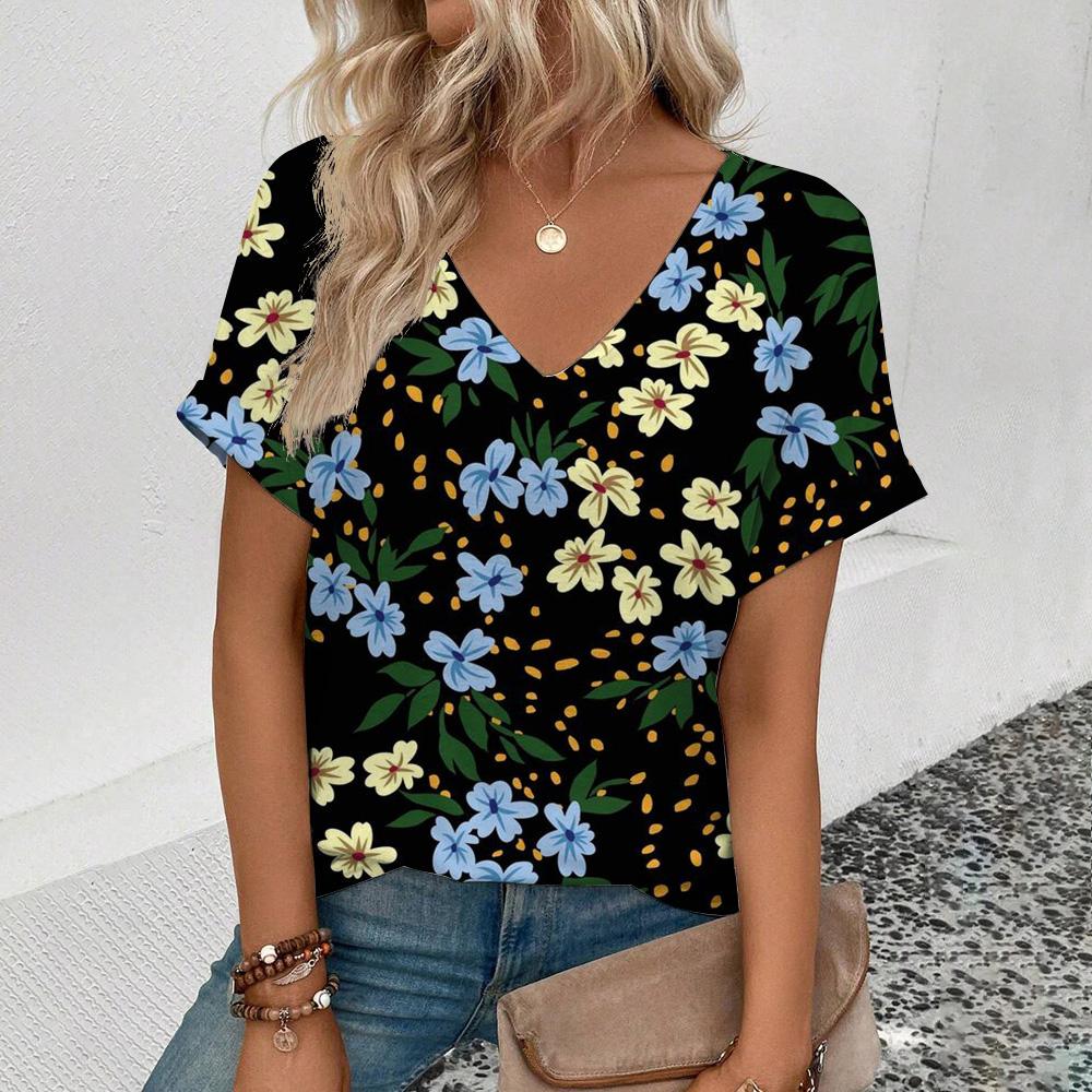 Elegant Women's V-Neck T-Shirt Fashion Floral Pattern Print T-Shirt Popular Women's Short Sleeve T-Shirt Summer Leisure T-Shirt