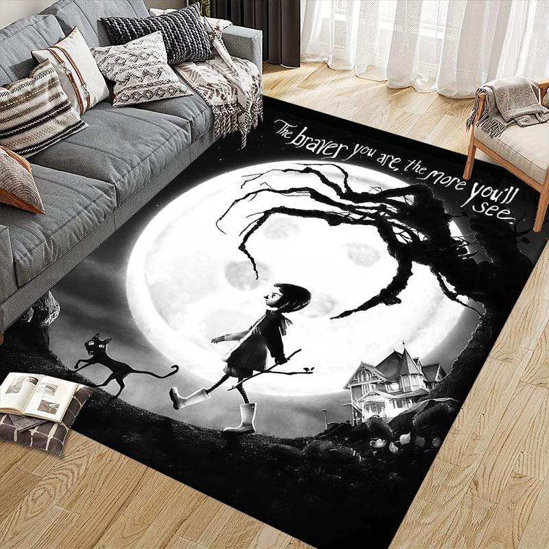 Coraline Jones Poster Flannel Printed Carpet, Home Sofa Decoration for Living Room & Bedroom, Non‑Slip Play Flannel Floor Mat for Game Room
