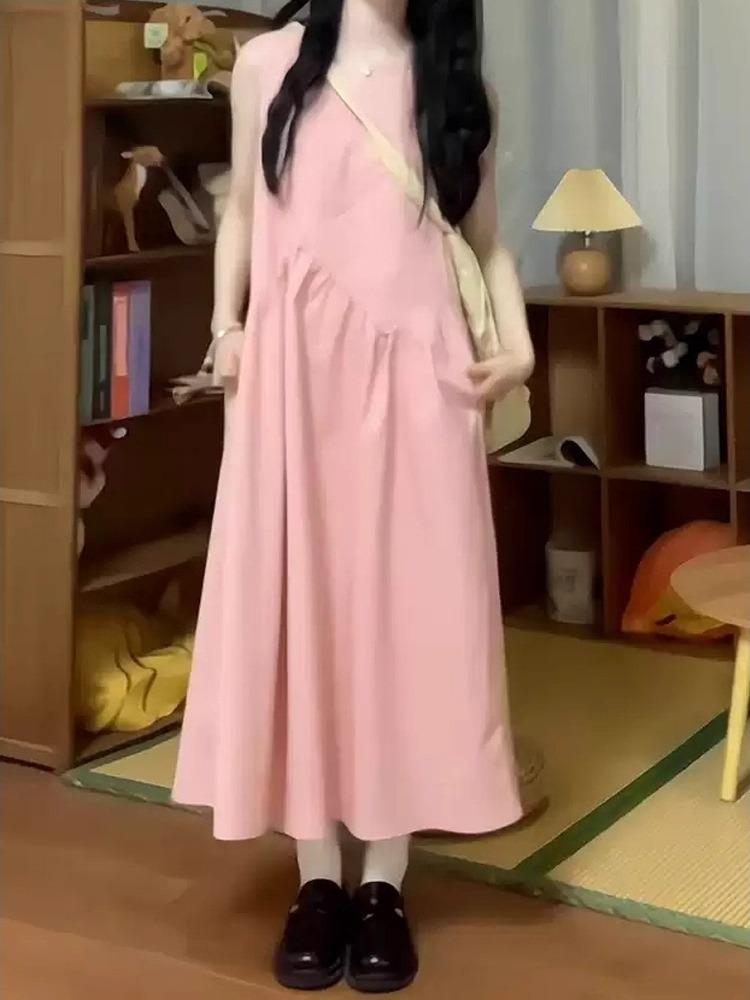 Women's French pink sleeveless dress Children's new summer design seaside vacation slim dress