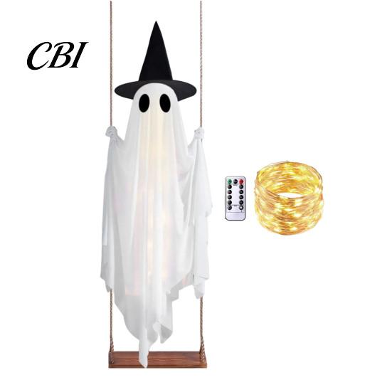 Glowing Halloween Atmosphere Prop Hanging Swing Ghost Decoration with Witch Hat, Spooky Outdoor Decor Lighted White for Yard String Light And