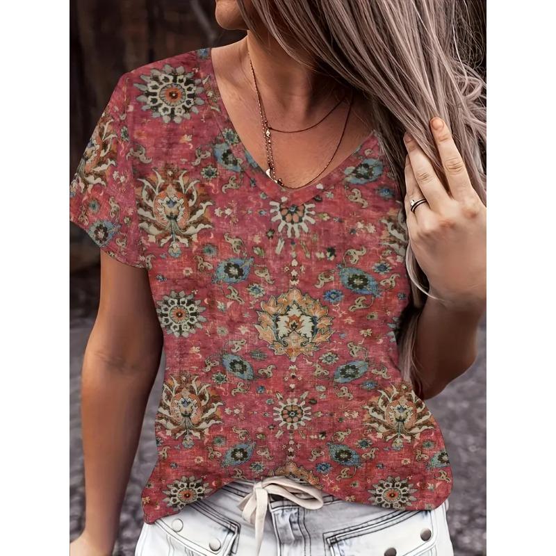 Модная женская футболка с V-образным вырезом, летняя уличная мода, топы с коротким рукавом, цветочные принты, свободная одежда больших размеров