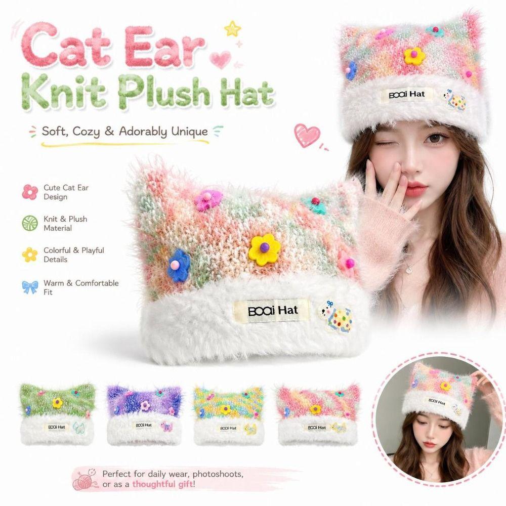 Knitted Cat Ear Hat Soft Cuffed Brim Ear Protection Cap Gifts Plush Hat Autumn Wear