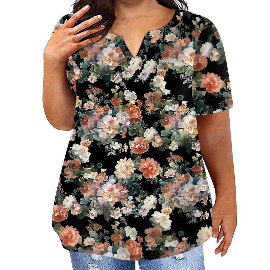 Женская футболка большого размера, повседневный топ с карманами и V-образным вырезом с короткими рукавами