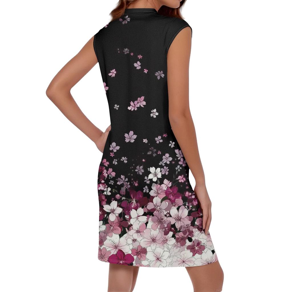 Женское повседневное и модное платье средней длины с круглым вырезом и без рукавов с принтом