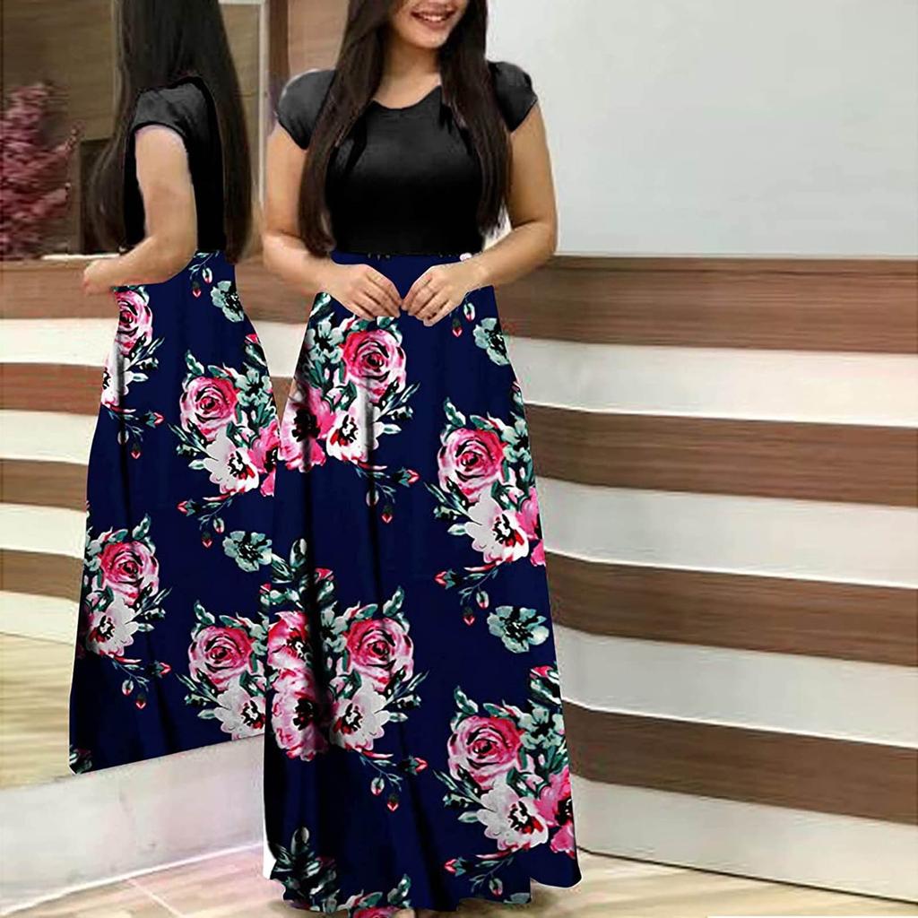 Женская мода повседневный принт с круглым вырезом и короткими рукавами, длинные платья большого размера