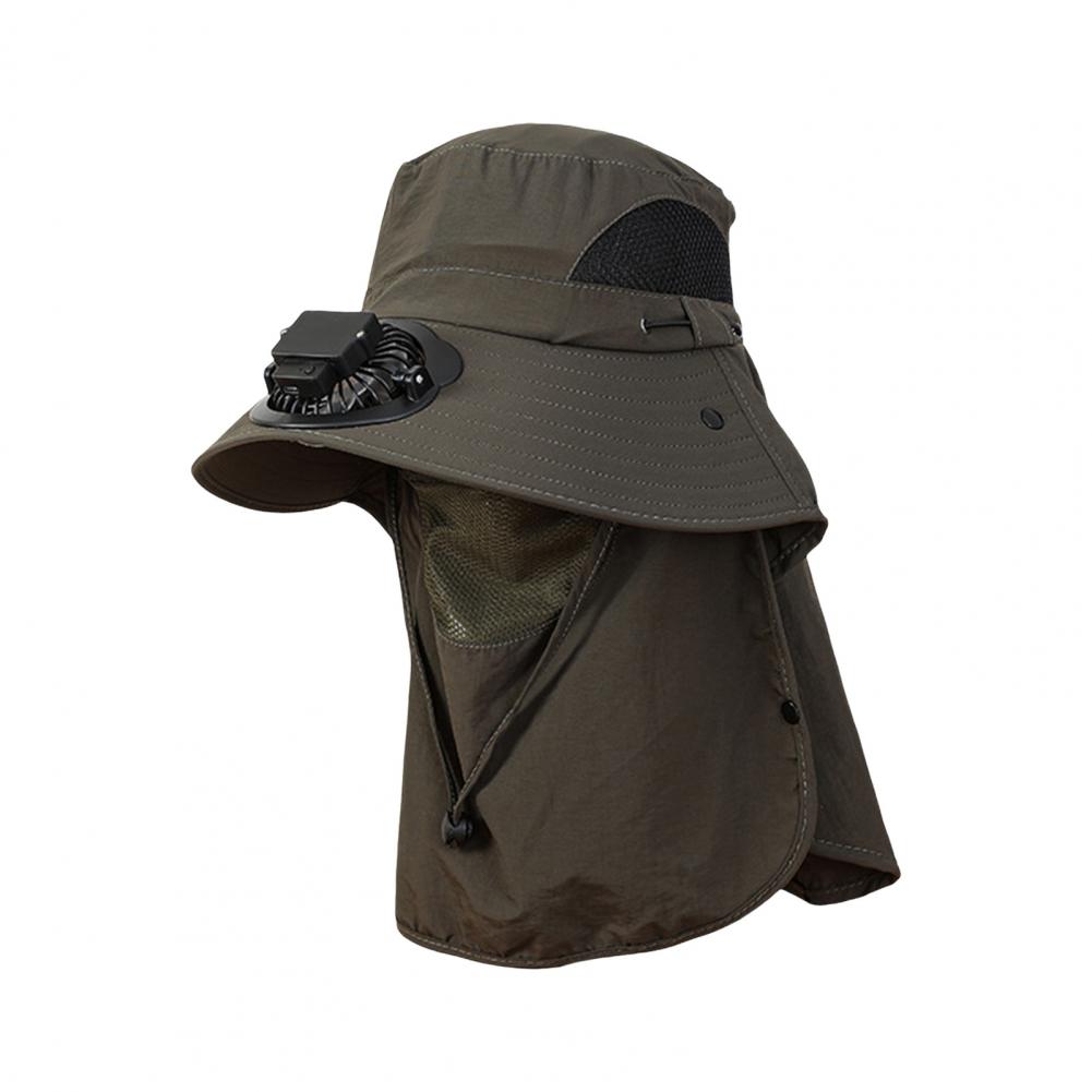 Men Solar Fan Hat with Face And Neck Cover USB Rechargeable Fan Large Brim Hollow Mesh Windproof Strap Anti-UV Sunlight Protecti