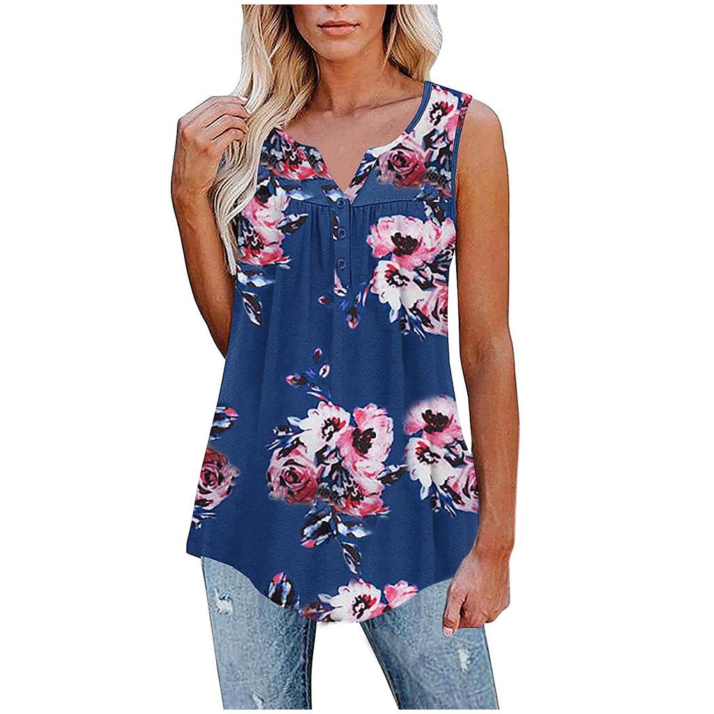 Fashion Womens Summer V-neck Sleeveless Prints Tops Ruffle Loose Tunic Blouse